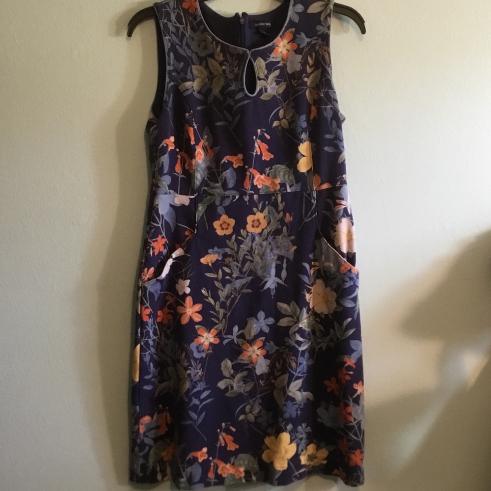 Lands' End Navy Floral Sleeveless Dress